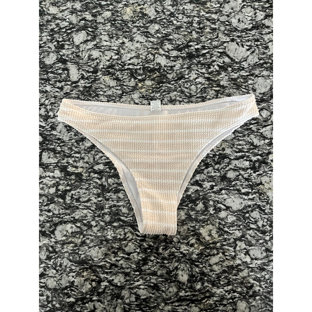 Womens Brazilian Bikini Bottom Large Beige Striped Stretch Lined Crotch Swimwear